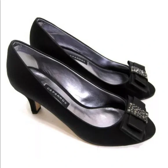 New Caparros Black Satin Leather Peep Toe Pumps 6 - Picture 2 of 7